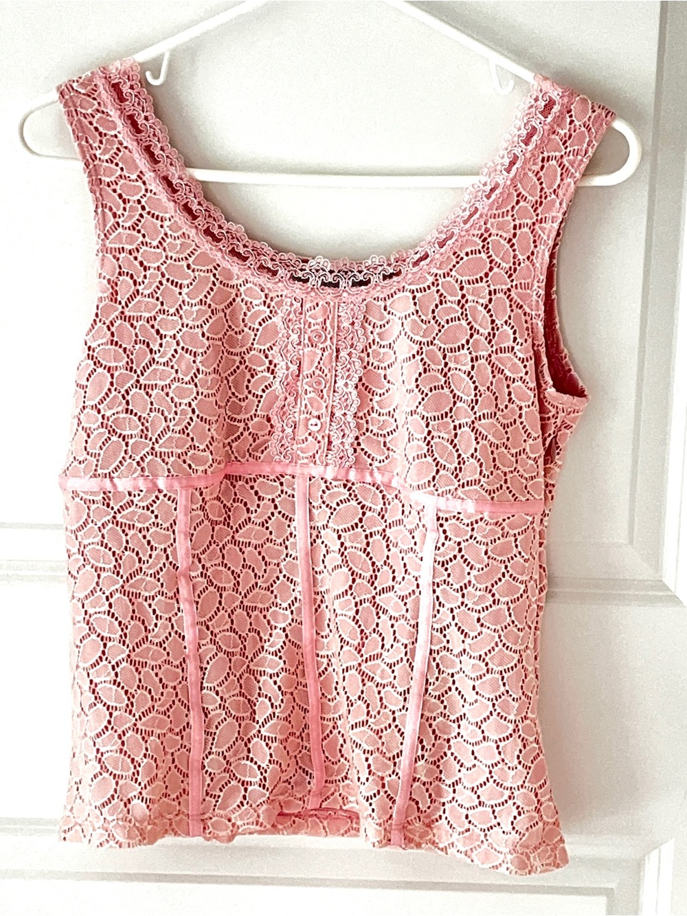 Vintage Motto Pink Crochet Lace Corset Tank Top Camisole Size S Y2K Style